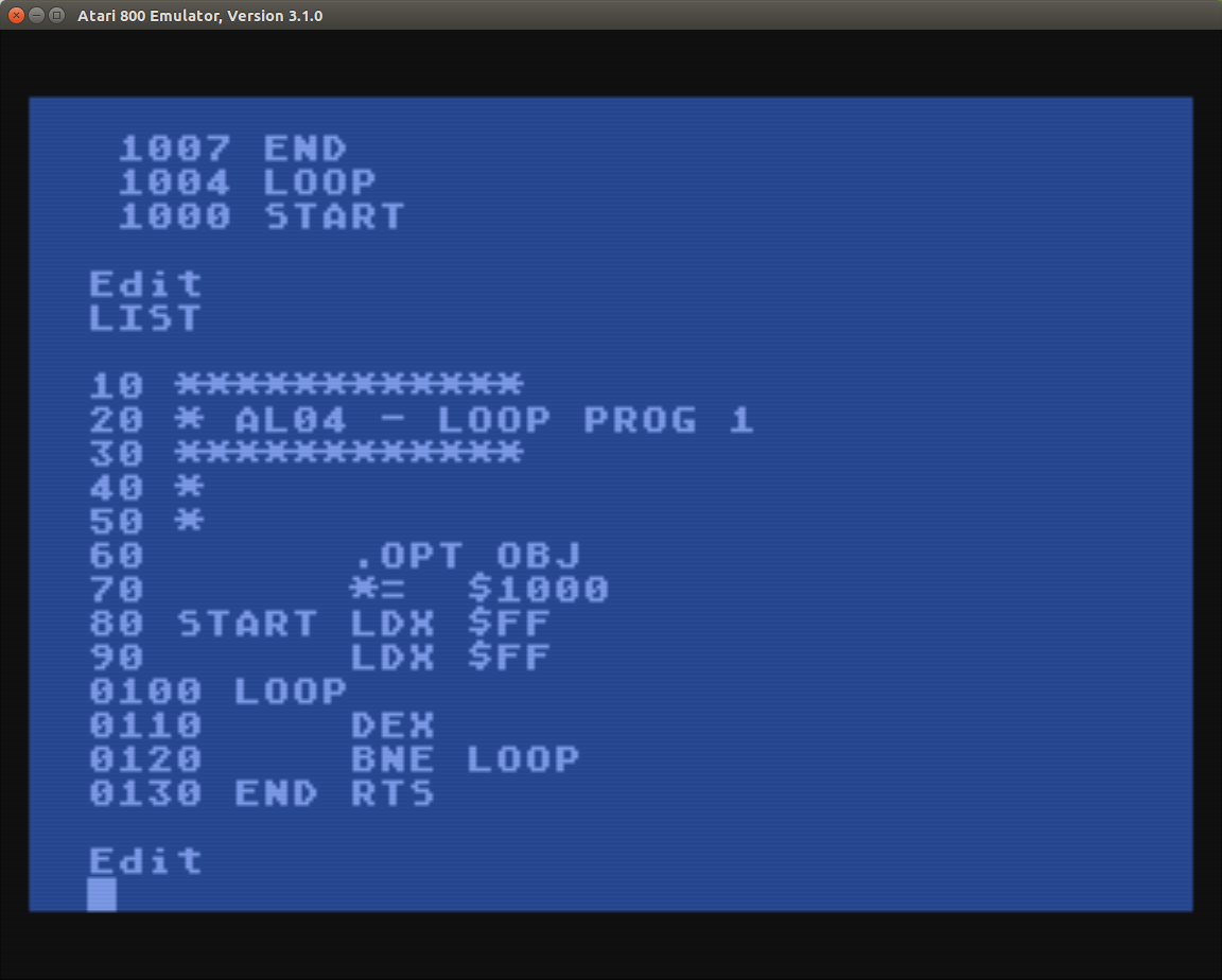 Atari 8bit running Mac/65 showing loop program